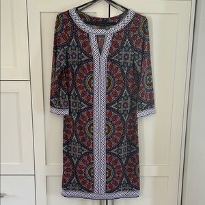 Muse Multicolor Long Sleeve Shift Dress with White Contrast Trim
